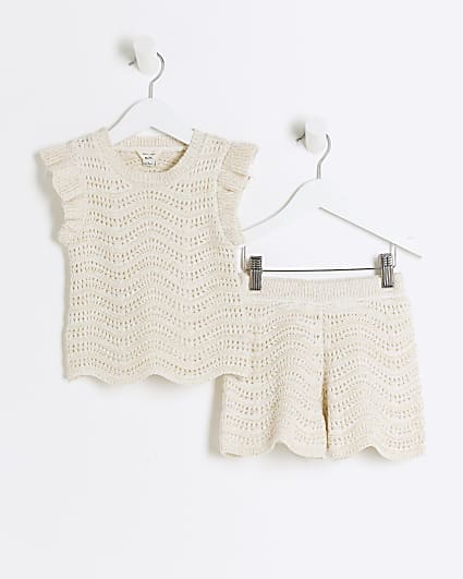 Mini girls cream crochet glitter tank top set