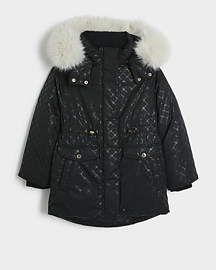 Girls black RI monogram padded hooded jacket