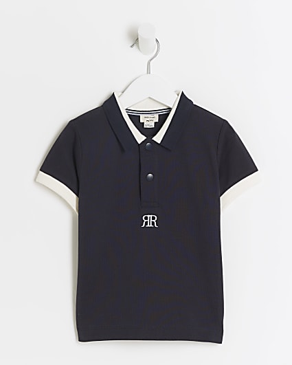 Mini boys navy textured polo shirt