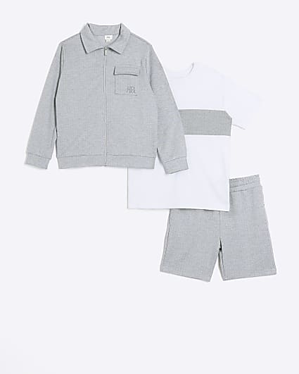 Boys Grey Herringbone Shacket and Short Set