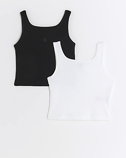 Girls black ribbed square neck 2 pack