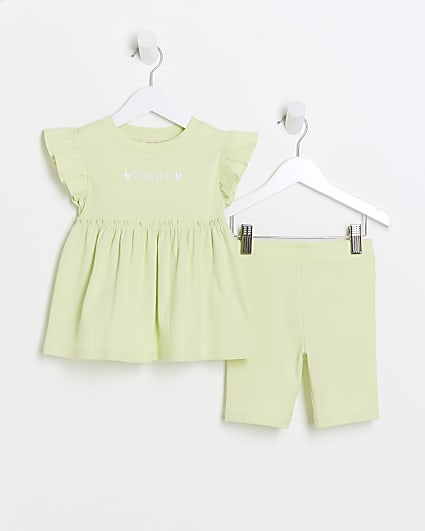 Mini girls lime green ribbed peplum top set