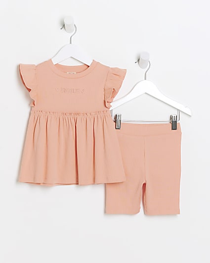 Mini girls coral ribbed peplum top set