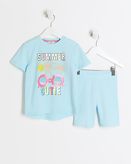 Mini girls blue graphic t-shirt set