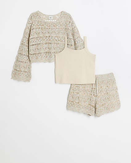 Girls beige crochet jumper and shorts set