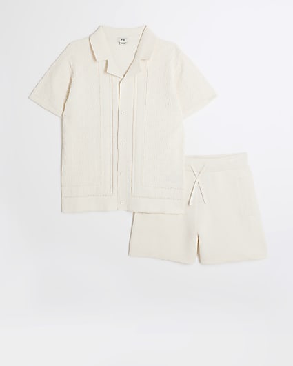 Boys ecru textured revere shirt set