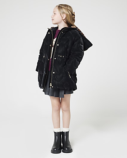 Girls black leopard faux fur padded jacket