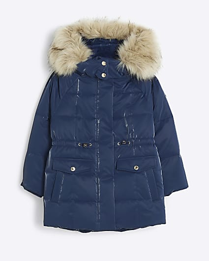 Girls navy faux fur hood padded jacket