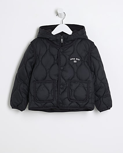 Mini boys black embroidered padded jacket