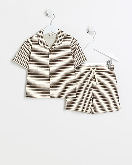 Mini boys ecru textured stripe polo set