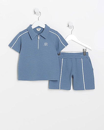 Mini boys blue textured polo and shorts set