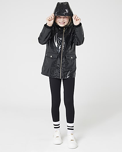 Girls black holographic hooded rain coat