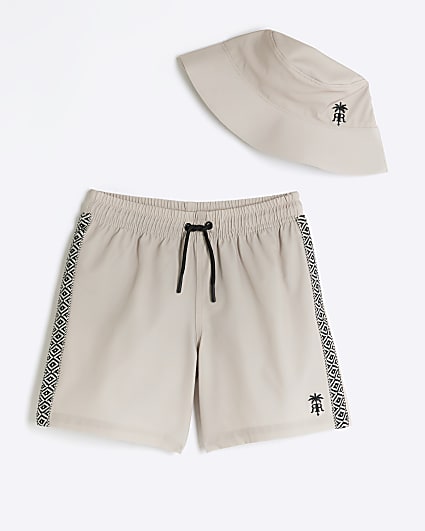 Boys stone seersucker swim shorts and hat set