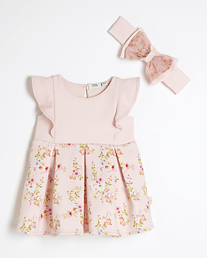 Baby girls pink floral dress and headband set