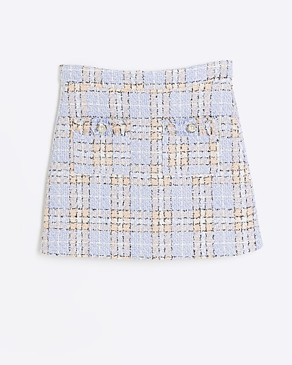 Girls blue check boucle skirt