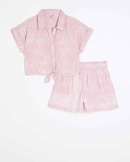 Girls pink metallic tie up shirt and shorts