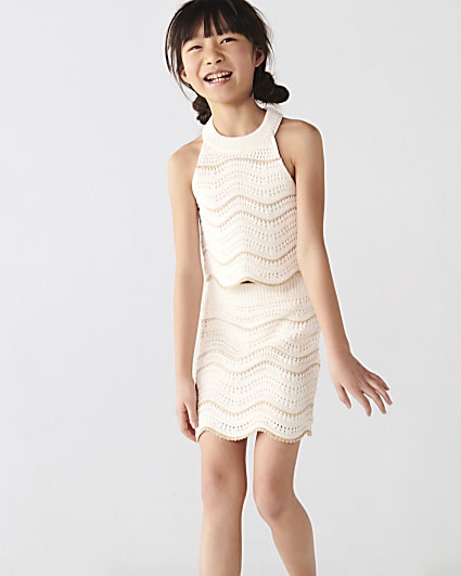 Girls cream crochet tank skirt set