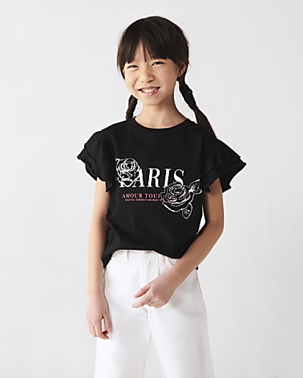 Girls black graphic sequin t-shirt