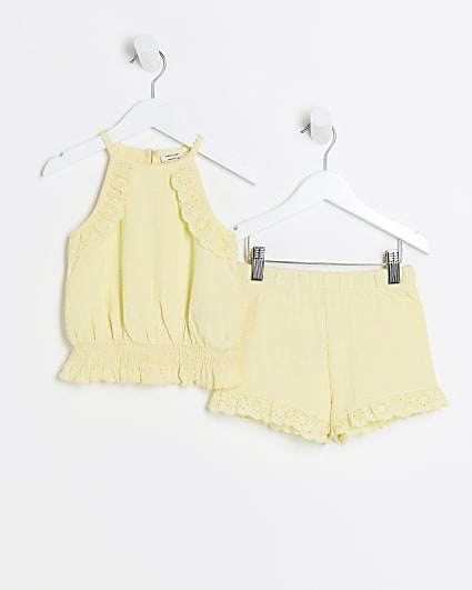 Mini girls yellow broderie top and shorts set