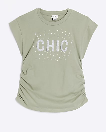 Girls khaki pearl embellished t-shirt