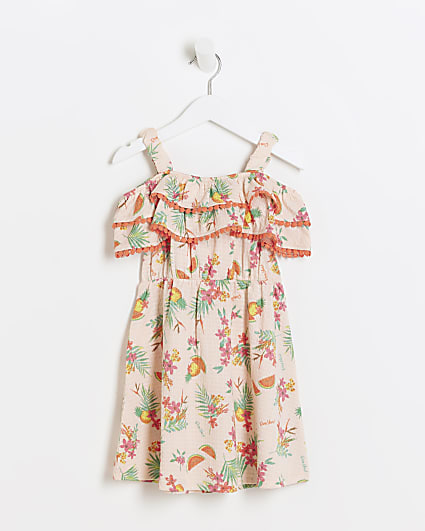 Mini girls pink floral frill bardot dress