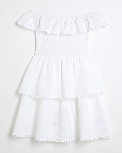 Girls white frill bardot dress