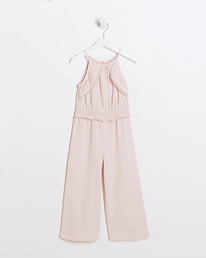 Mini girls pink broderie trim frill jumpsuit