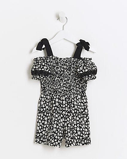 Mini girls black floral shirred playsuit