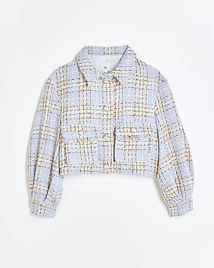 Girls blue boucle check crop jacket