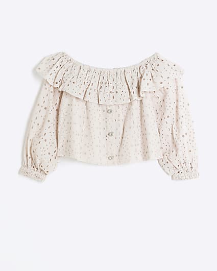 Girls pink bardot broderie top