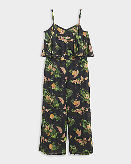 Girls black floral layered jumpsuit