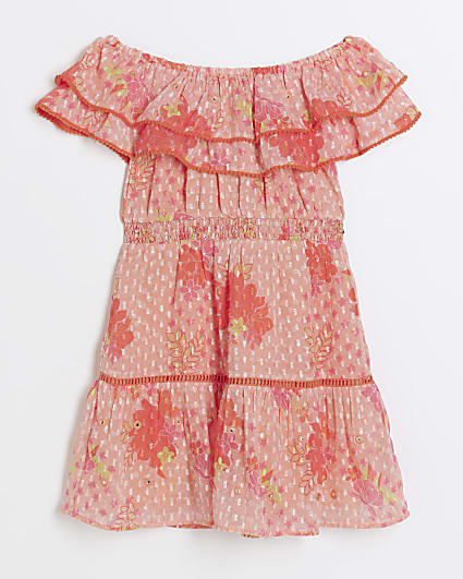 Girls coral floral bardot dress