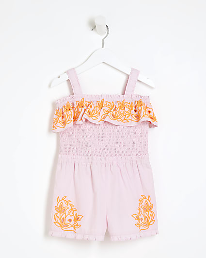 Mini Girls Coral Embroidered Playsuit