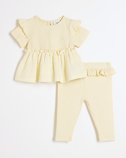 Baby girls yellow ribbed peplum top set
