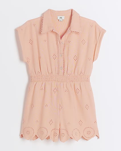 Girls coral linen blend broderie playsuit