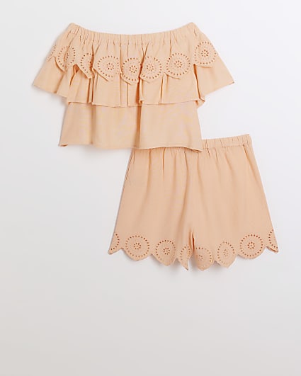 Girls coral broderie bardot shorts set