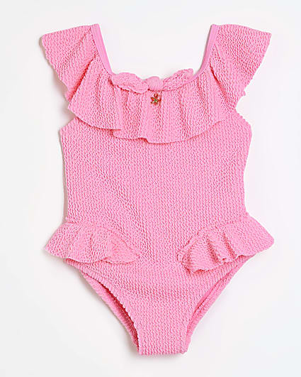 Mini girls pink textured frill swimsuit