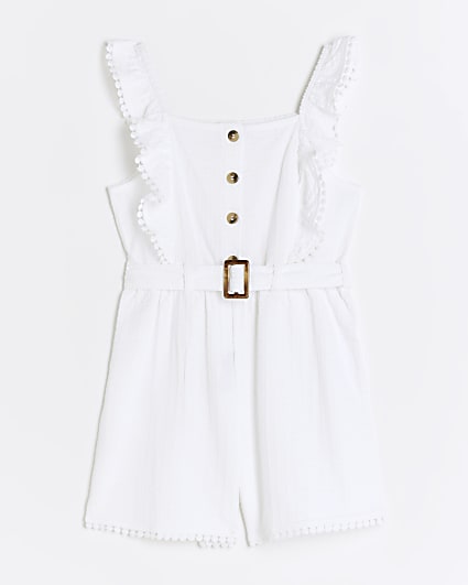 Girls white textured belted playsuit