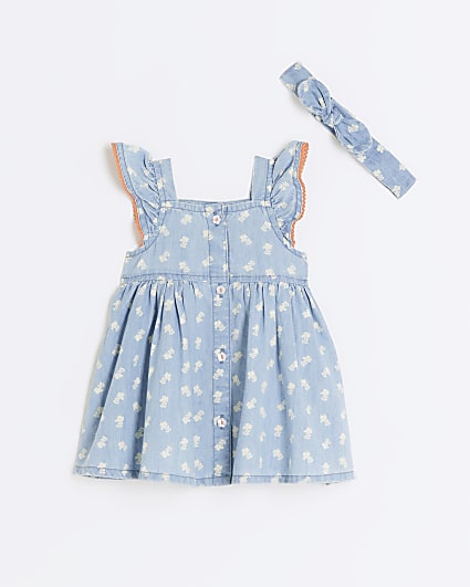 Baby girls blue floral dress and headband set