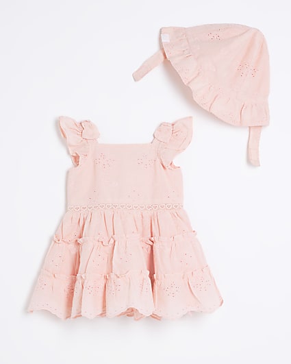 Baby girls pink broderie dress and hat set