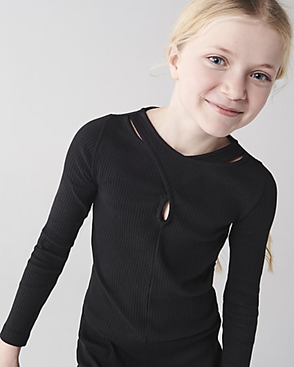 Girls black rib crossed top and leggings set