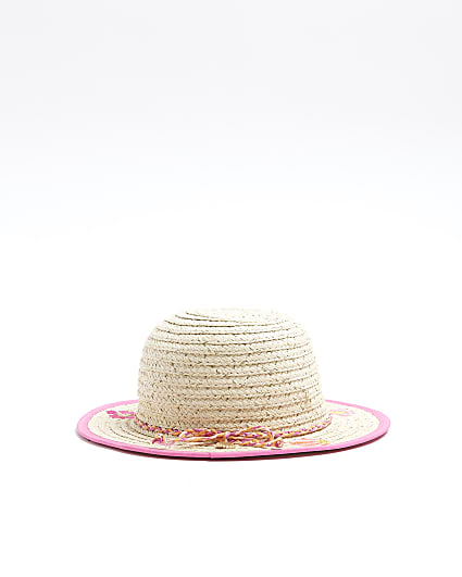 Mini girls beige embroidered shell straw hat