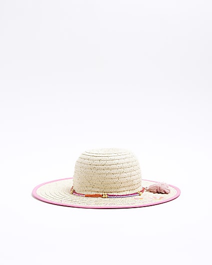 Girls Beige embroidered straw hat