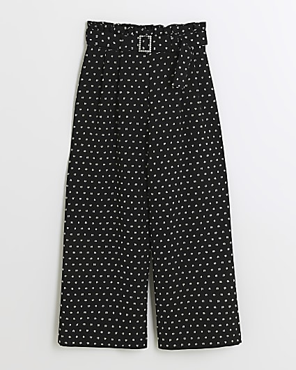 Girls black jacquard wide leg trousers