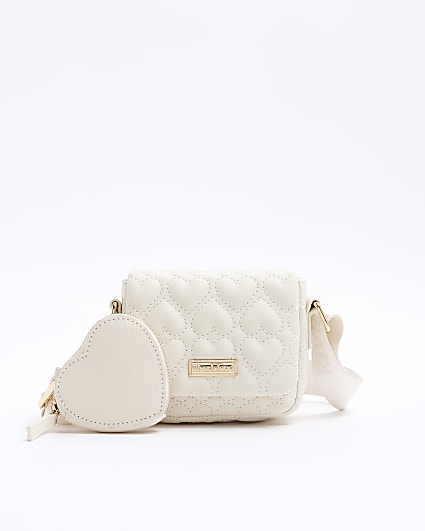 Girls cream heart quilted cross body bag