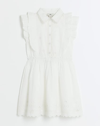 Girls white frill embroidered shirt dress