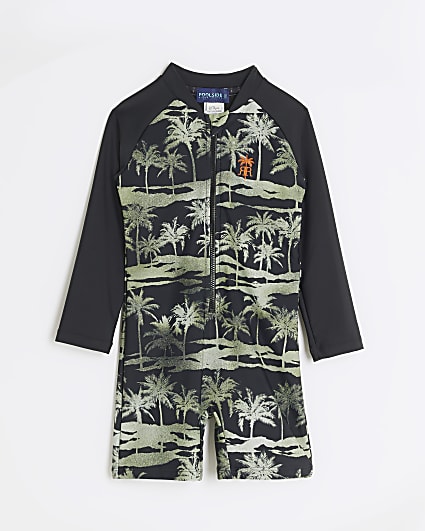 Mini boys black palm tree swim rash suit