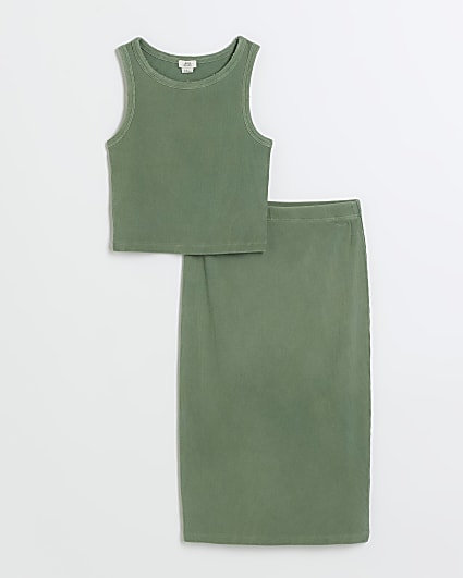 Girls khaki tank and midi skirt set