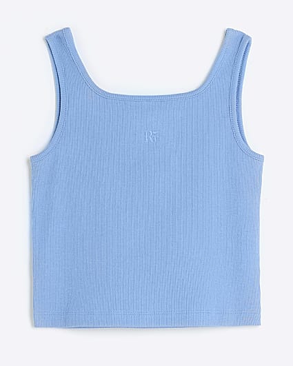 Girls blue ribbed embroidered logo crop vest