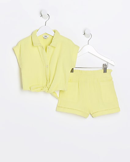 Mini girls yellow textured tie up top set